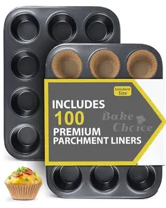 2 Pack Muffin Pan for Baking, Standard Cupcake Pan includes 100 Natural Cupcake Liners, Muffin Tin Nonstick 12 Cup, Baking Pans Set, Carbon Steel Baking Supplies