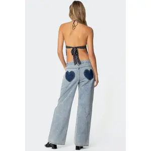 Contrast Heart Washed Low Rise Baggy Jeans