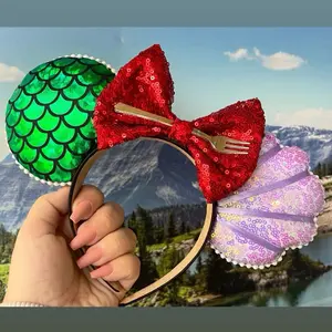 Mermaid Ariel Inspired Mouse Ears with Seashell Design, Green Iridescent Fin & Red Center Bow with Fork, Adjustable Headband, Handmade