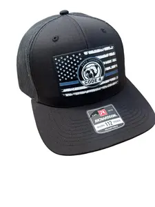 SGTO SARABIA Code 4 Thin Blue Line Trucker Hat – Adjustable Police Support Snapback Cap + FREE Flag, Skull, Archangel Decals & 2 Red Cards