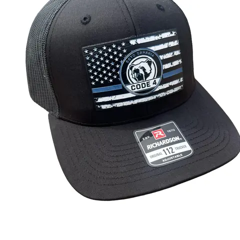SGTO SARABIA Code 4 Thin Blue Line Trucker Hat – Adjustable Police Support Snapback Cap + FREE Flag, Skull, Archangel Decals & 2 Red Cards
