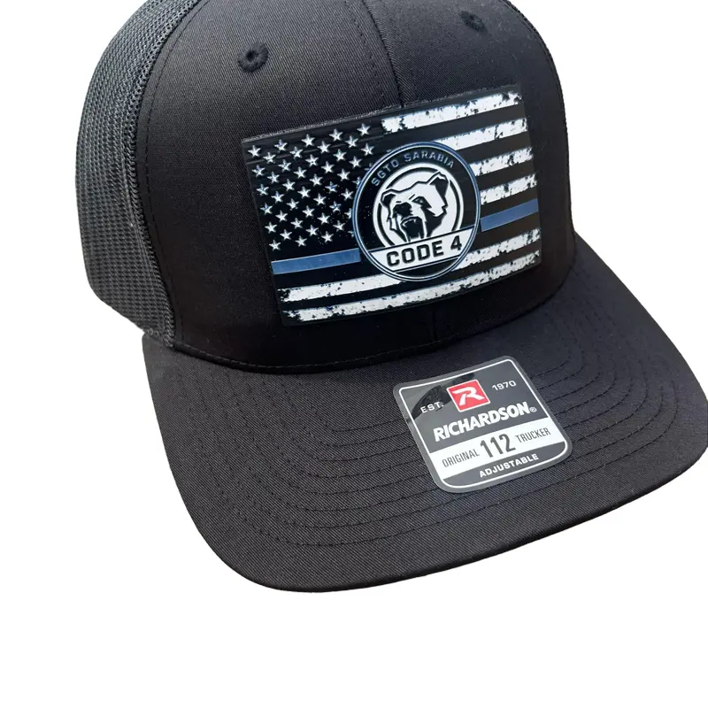 SGTO SARABIA Code 4 Thin Blue Line Trucker Hat – Adjustable Police Support Snapback Cap + FREE Flag, Skull, Archangel Decals & 2 Red Cards