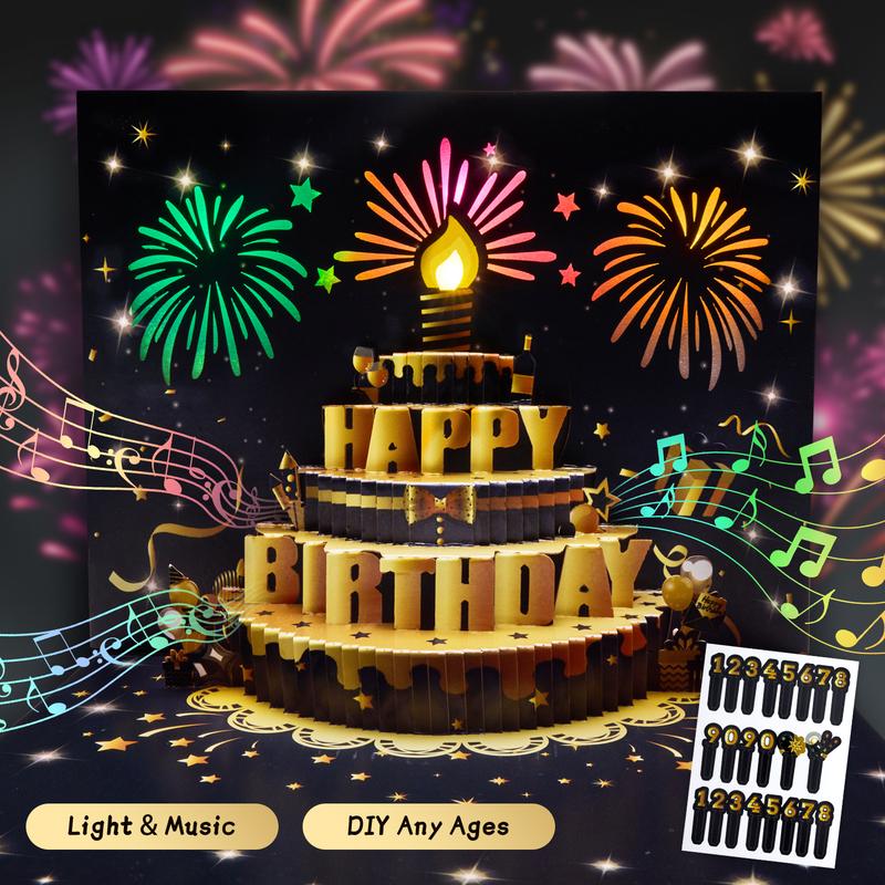 Birthday Pop-Up Card with 3D Cake & Fireworks, DIY Number 1-99, Musical Birthday Song, Black & Gold Design with Envelope, Special Gift Greeting Card Birthday Pop-Up Card with 3D Cake & Fireworks, DIY Number 1-99, Musical Birthday Song, Black & Gold Design with Envelope, Special Gift Greeting Card