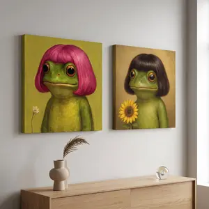 The Wigged Frog Chronicles: Collectible Canvas Poster Series - Chic Bob Haircuts, Flowers, Smoking Frogs & Intricate City Eye Reflections - Quirky Vaporwave Living Room Decor Unique Oddity Gift Idea