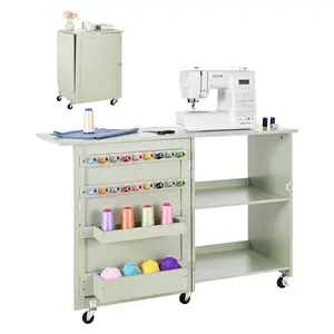 fathersdaygift VEVOR Folding Sewing Table, Multipurpose Sewing Machine Table with Compact Design, Wheels, Wooden Pegs, Storage Trays and Shelf, Magnetic Door Lock, Craft Station and Side Desk for Home, Light Green