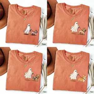 Comfort Colors Ghost Walking Dog T-Shirt - Cute White Halloween Ghost Holding A Leash With Different Dog Breed Designs, Minimal Spooky Season Graphic Tee For Women And Men, Trick Or Treat Outfit, Halloween Gift For Dog Moms, Dog Dads And Pet Lovers Top