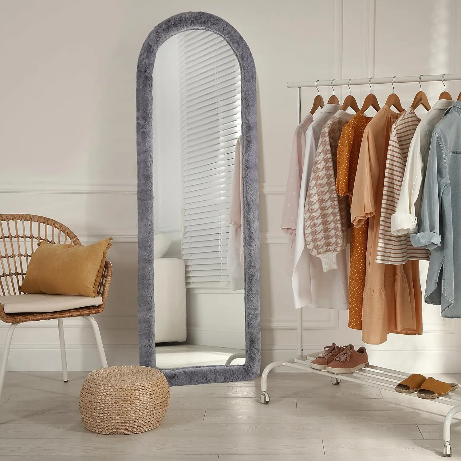 Fluffy Mirror Cover for Arched & Full-Length Mirrors (64"x21")  Stretch Fabric, Non-Slip Backing, Decorative Protector  Soft & Durable Decor (Mirror Not Included)