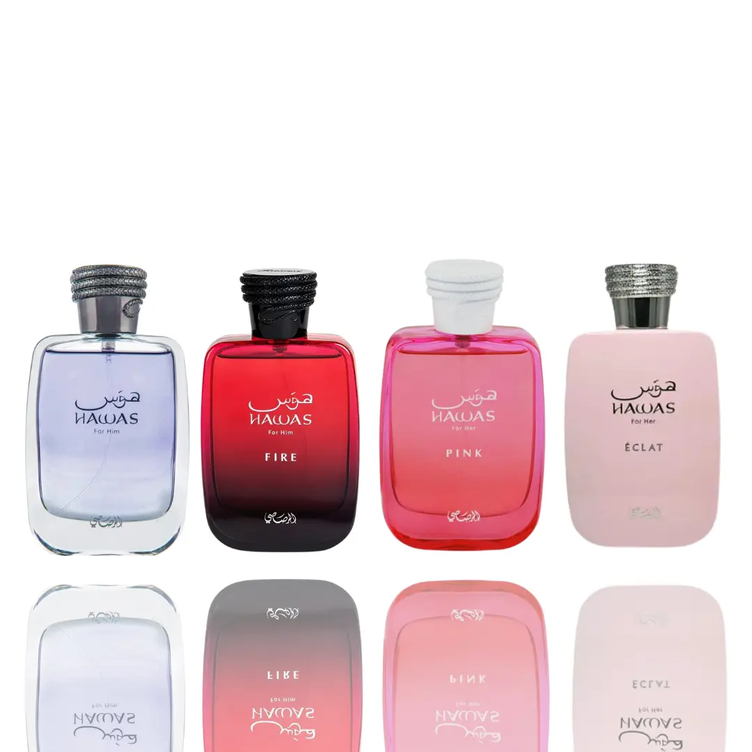 Rasasi Hawas 4-Piece Bundle Set - Original Unisex Fragrance Perfume with Eclat+, Pink, Fire Variants and Spicy Depth (Women's Fragrance Option)