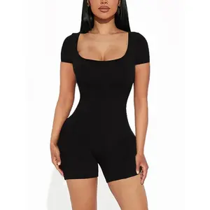 New style2025 Summer New's Sexy Solid Color Short Sleeve U Neck Jumpsuit Short Jumpsuit Yoga Fitness One Piece Polyester