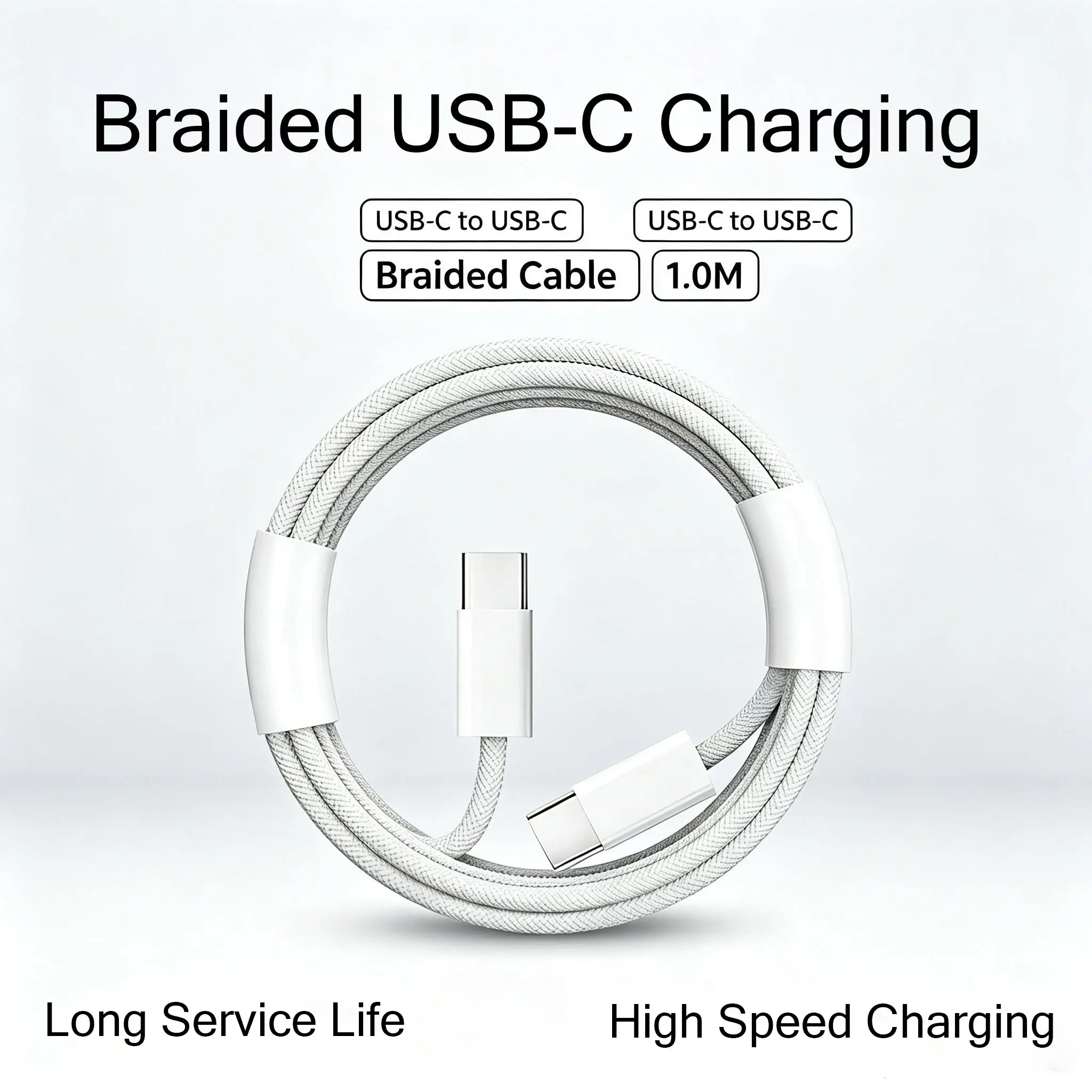 Durable Braided USB-C to USB-C Fast Charging Data Cable, High Speed Sync Transfer Anti-Break Reinforced Joint Charging Cord, Wear Resistant Woven Wire 3 Length Options 1M 1.5M 3M For Smartphone Tablet Daily Travel Charging Accessory