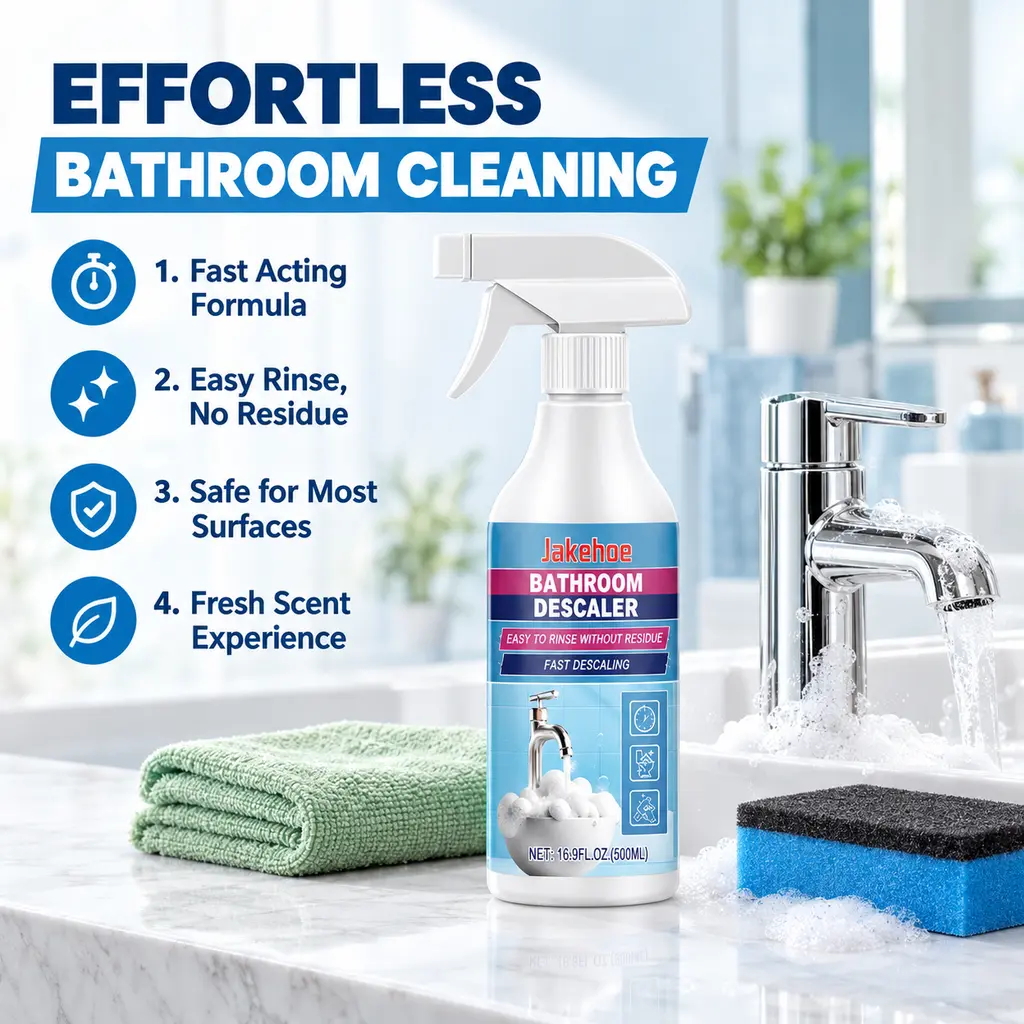 Jakehoe Bathroom Descaler Spray - Fast-Acting Limescale & Soap Scum Remover with Cloth+Sponge