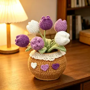 Handmade Crochet Yarn Tulip Planter, Cozy and Easy to Care, Perfect Home Decor, Artificial Flower Arrangements, Artificial Yarn Flowers, Ideal Gift for Friends and Family