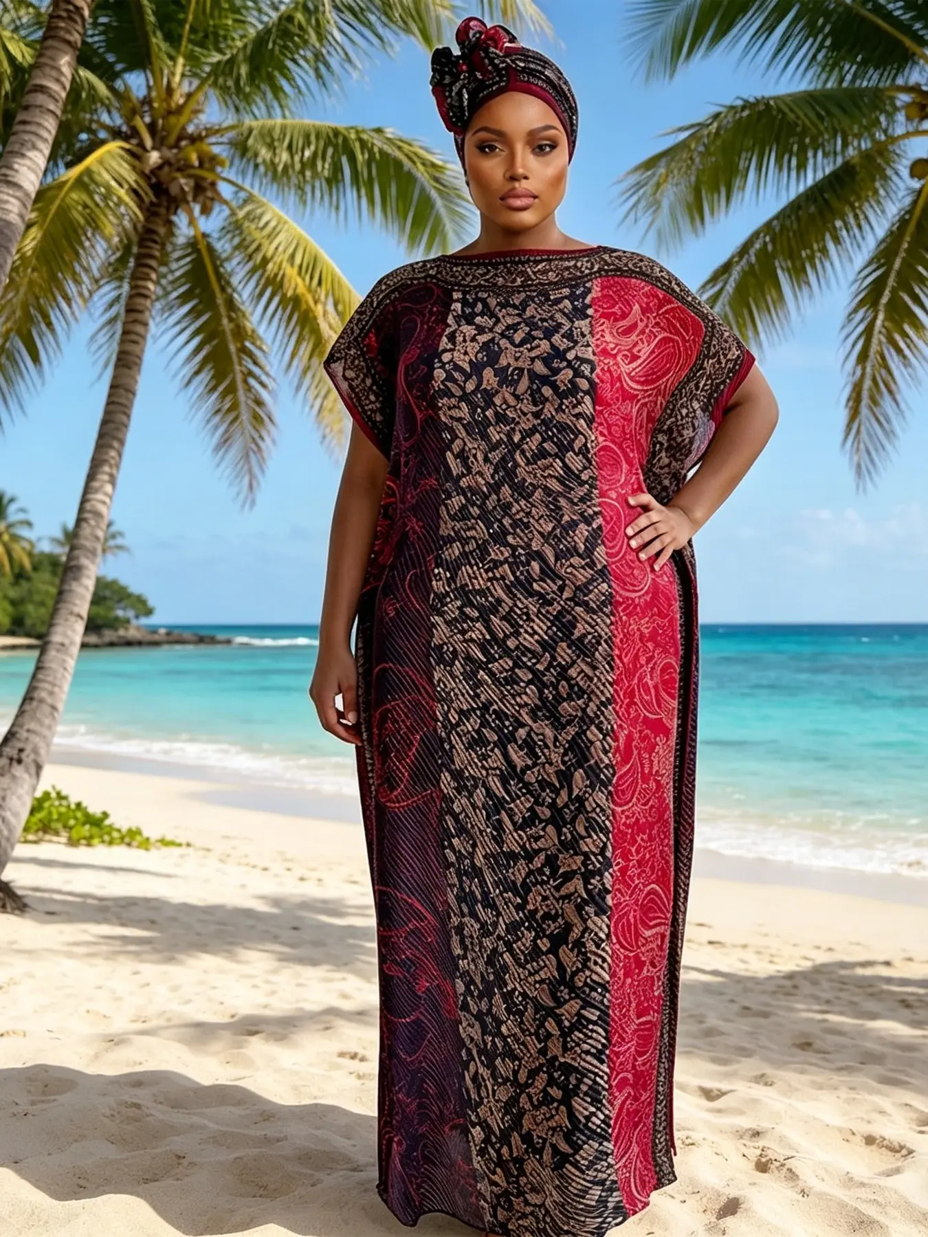Retro Pascalli Pattern Abaya Set, Paisley Striped Kaftan with Matching Headwrap, Boho Style Dashiki Boubou for Women, Plus Size Summer
