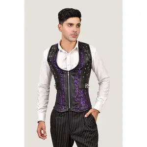 Purple Brocade & Black Leather Corset Vest