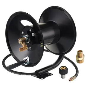 M MINGLE High Pressure Washer Hose Reel 150ft - Heavy Duty Steel Manual Crank Power Washer Hose Reel with 3/8" Pressure Wash Whip Hose,4000 PSI