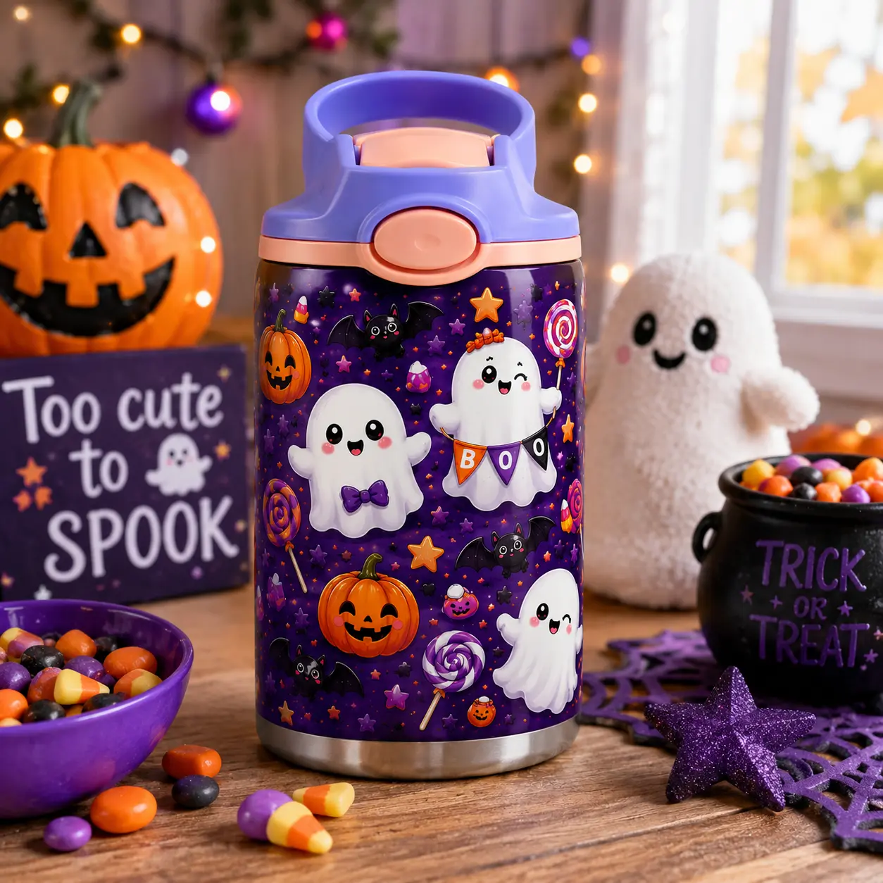 Spooky Cute Ghost Party 12oz Kids Tumbler | Halloween Ghost & Pumpkin Cup