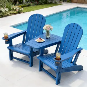 Walsunny Folding Adirondack Chair Set of 3 with Side Table, All-Weather HDPE Outdoor Chair, Wood-Textured with Cup Holder for Patios, Decks, Gardens, Fire Pits