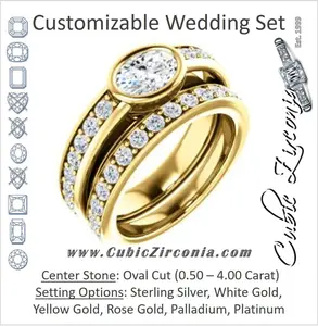 CZ Wedding Set, featuring The Racquel engagement ring (Customizable Cathedral-Bezel Oval Cut Design with Stackable Round-Accented Band)