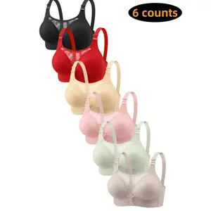 Pack of 6 Comfortable Everyday Breathable Lace Bralette Bra for Women, Fit, Large Size Fixed Cup Wireless Underwear, Non-Magnetic No Steel Ring