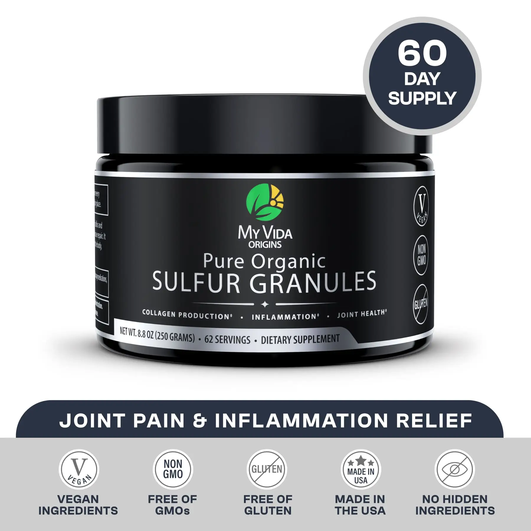 My Vida Origins Pure Organic Sulfur | 99% Pure MSM Granules for Joint Pain, Inflammation, Energy, Hair, Skin, and Nail Health | Non-GMO, Vegan, Gluten