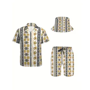 3-piece men's Hawaiian shirt and shorts set, luxurious Baroque gold chain print, soft fabric breathable button-up short-sleeve casual beach shirt set with fisherman hat