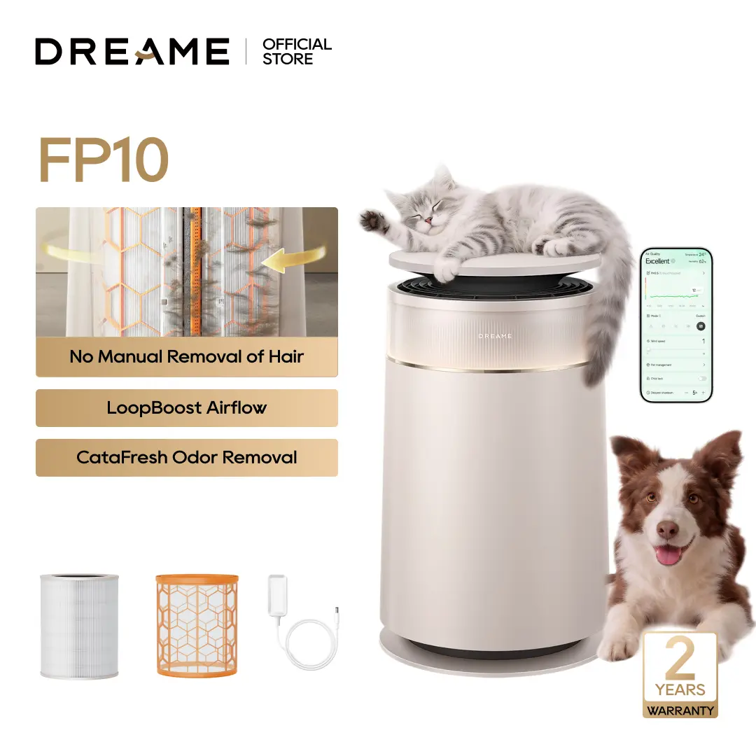 ‌Dreame FP10 HEPA Air Purifier with Self-Cleaning Pet Hair, Suck Up Floating Cat Dog Hair Dander for Home Large Room, 4 Filters Smart Air Cleaner for Pet Odor Purification, APP & Voice Control, FP10-Beige