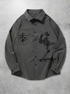 Men's Regular Fit Skeleton Print Button Front Shirt, Casual Long Sleeve Collared Top for All Seasons, Fashion Men's Clothes for Daily Wear, Halloween, Casual Fitted Shirt