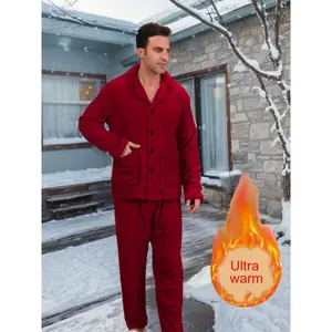 Men'S Plush Pajama Set with Pockets  Soft, Warm & Comfortable Fleece Lounge Wear for Winter, Relaxation, Sleep & Travel with Elastic Waistband, Button- Options, Perfect for Cozy Home Time  Tops Sleeve