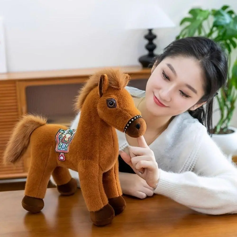 1pc Simulation Standing Horse Plush Doll, Foal with Saddle & Fluffy Tail, 20/25/30cm PP Cotton Cartoon Stuffed Pony Toy for Toys & Hobbies DIY Specialty Supplies