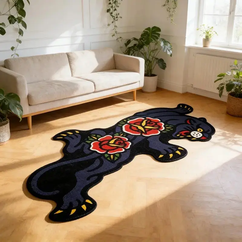 Floral Leopard Pattern Cut-Out Carpet, High Stretch Soft Durable Non-Slip Animal Print Home Decor Rug, Multi-Scene Bedroom Balcony Bathroom Living Room Decor, Decorative Rugs