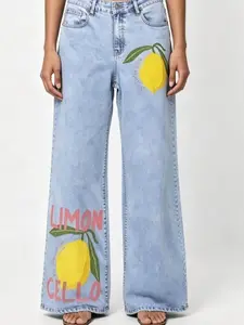 Women's High-Waist Baggy Oversize Denim Jeans - Limoncello Lemon Fruit Pink Bold Slogan Split Leg Graphic, 100% Denim Direct Spray Print, Summer Cool Soft Fresh Casual Trousers, Fits Beach Wear