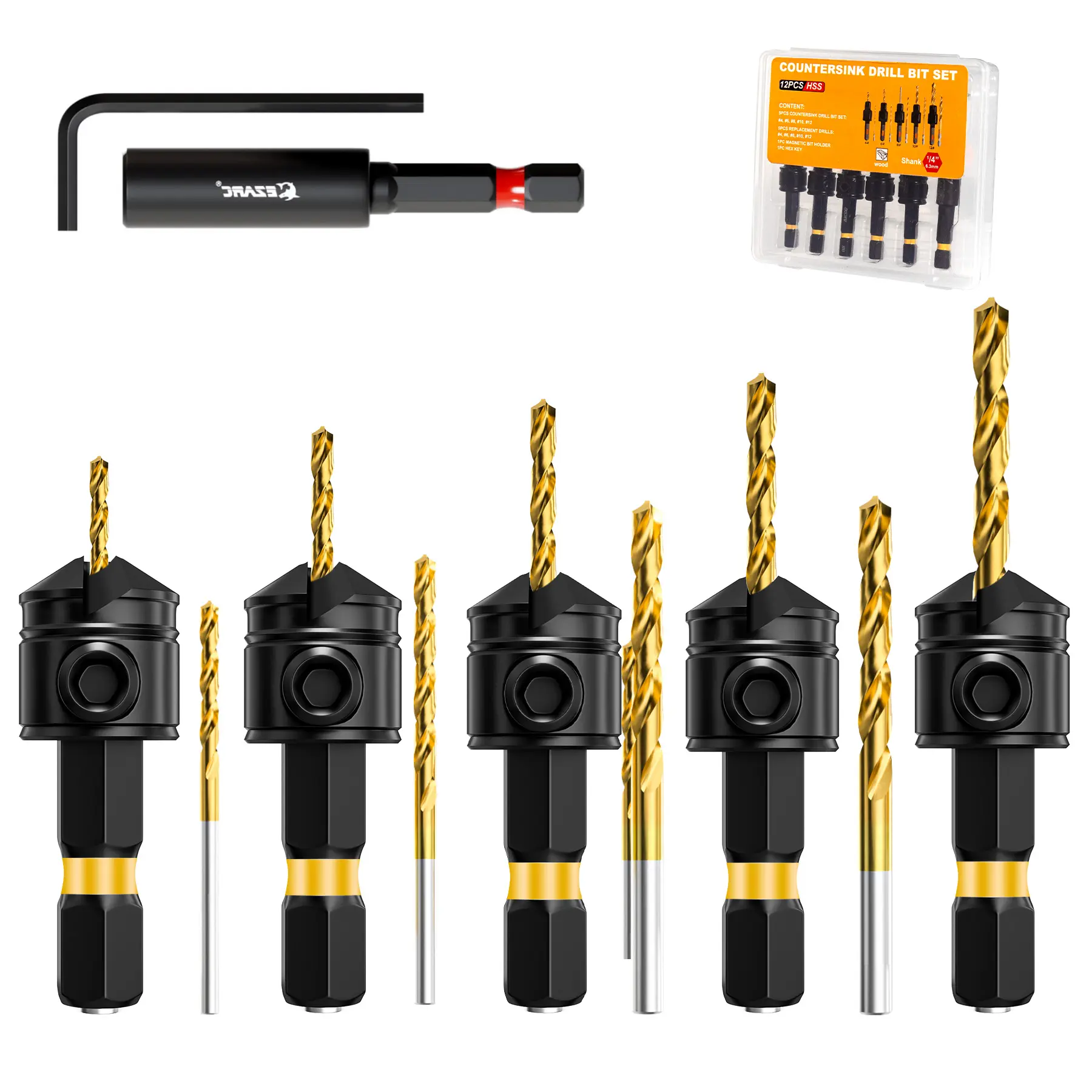 Countersink Drill Bit Set, 12 PCS Tapered Wood Drill Bits Adjustable, 1/4" Hex Shank Countersink Drill Bits w/Storage Box for Woodworking