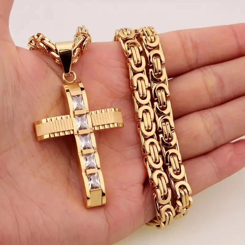 Men's High-End Chunky Chain Necklace - European American Fashion, Zircon-Inlaid Titanium Steel Cross Pendant, HipHop Style Bestseller