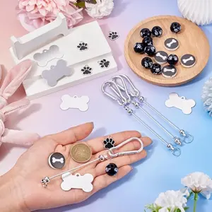 30Pcs Beadable Keychain Bars Kit with Wood Beads with Metal Bone & Paw Print Charms Blank Creative Keychains Bar Making Kit for DIY Keychain Decorations Crafts Making