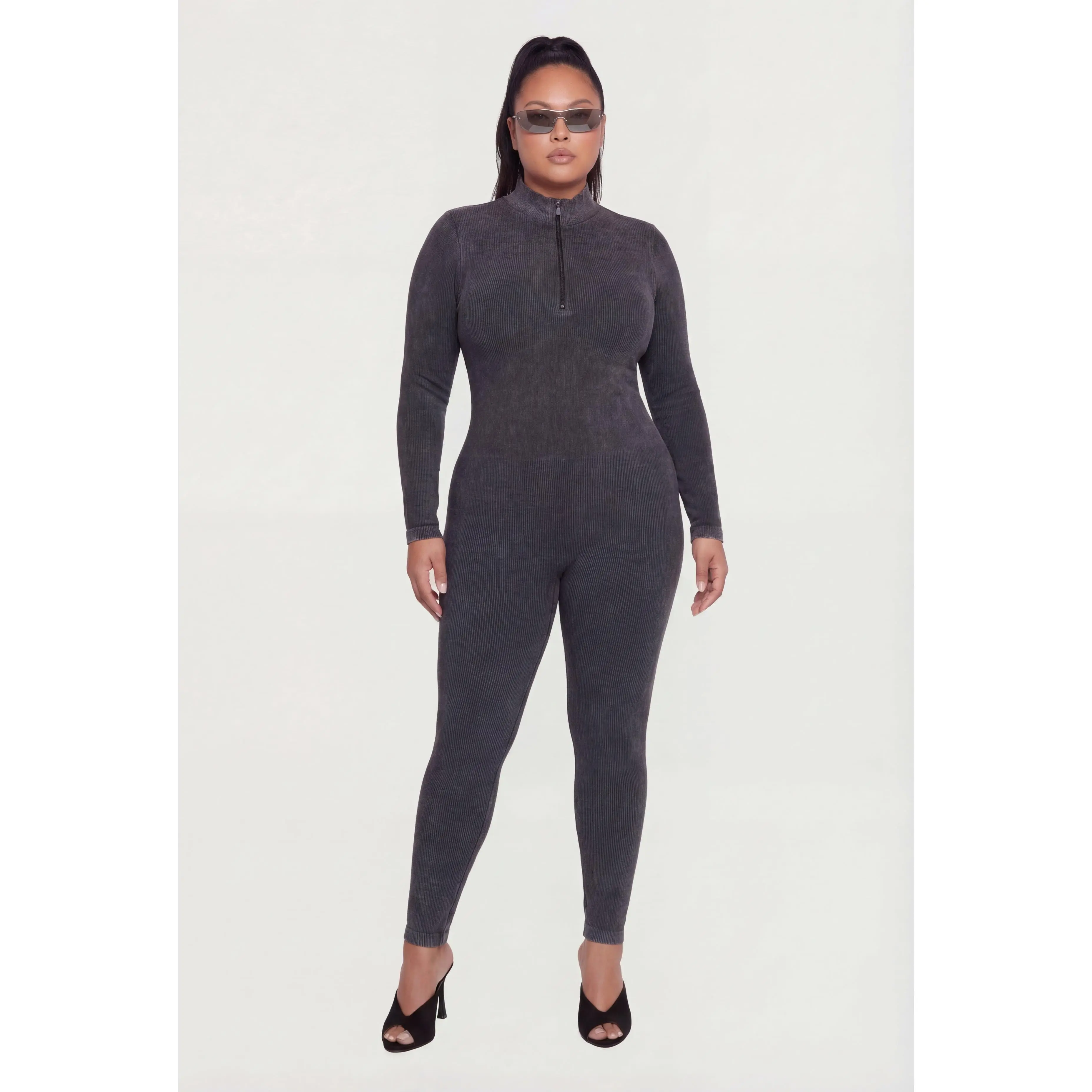 Plus Size Acid Wash Seamless Ribbed Long Sleeve Catsuit