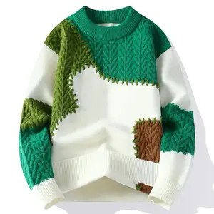 Autumn Winter Fashion Sweater Men Patchwork Casual Knit Pullover Thickened Warm Loose Knit Sweater Crew Neck Streetwear Men