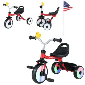 Toddler Tricycle with Rainbow LED Wheels, Foldable 3-in-1 Balance Bike with Carbon Steel Frame, Removable Pedals & Rear Storage Basket-Red, Three-Wheeled Balance Bikes