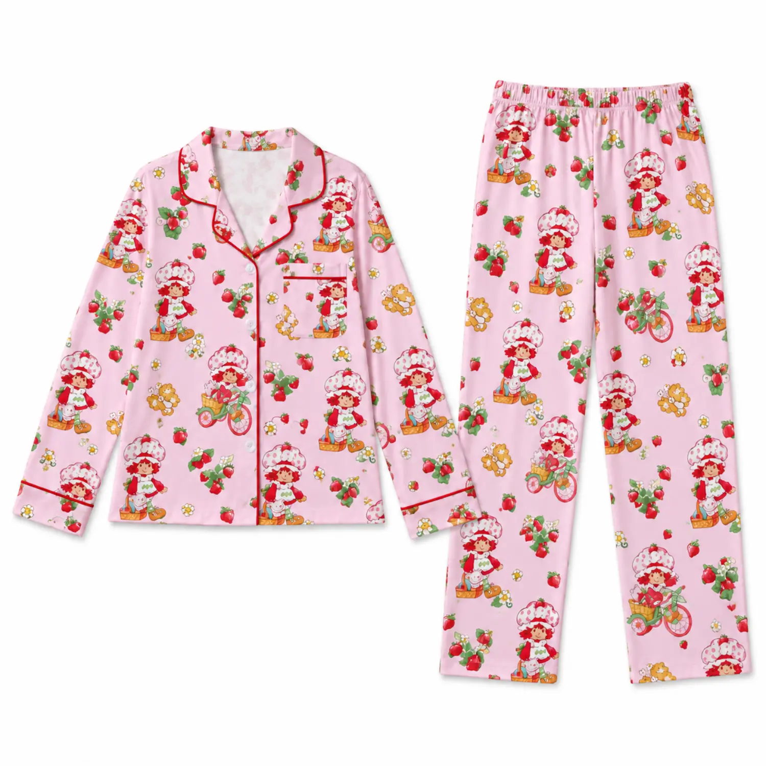 Women's 2-Piece Strawberry Print Pajama Set, Long Sleeve Button-Front Top & Elastic Waist Pants in Pink, Cozy Sleepwear & Loungewear for Girls