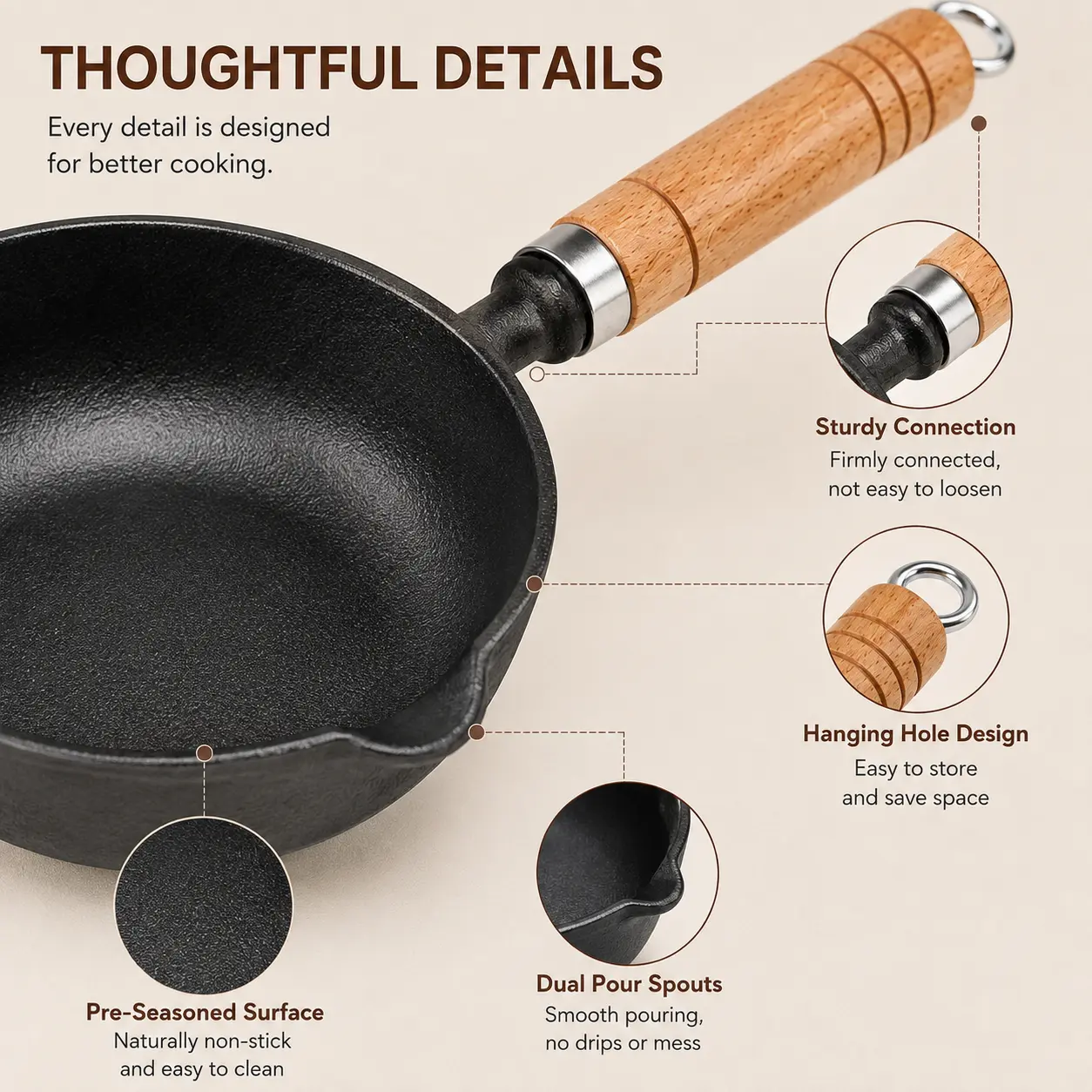 1 Count Pre-Seasoned Cast Iron Small Sauce Pan, 4.3 Inch, with wooden handle, dual pour spouts for searing, sauce making and small portion daily cooking
