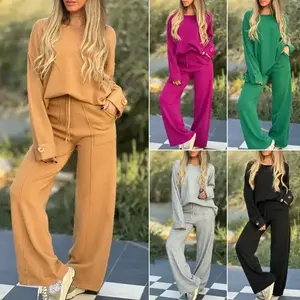 Women’s 2-Piece Outfit – Fall Loose Long-Sleeve Crewneck Top and Wide-Leg Long Pants Sweatpants Lounge Set with Pockets
