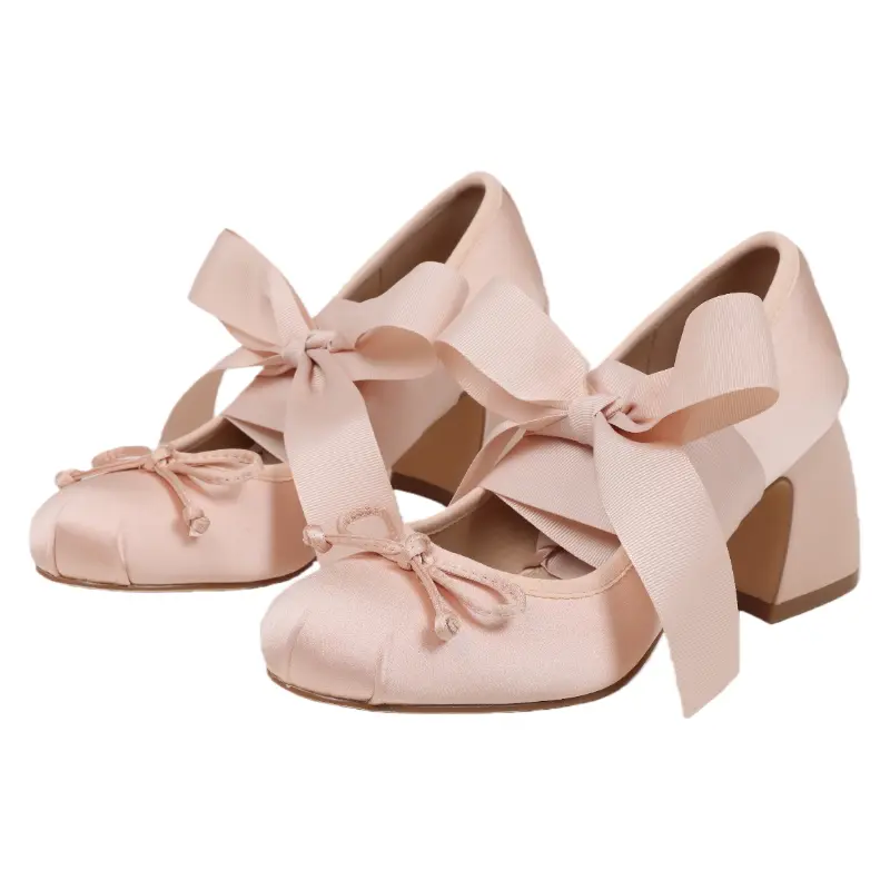 Women's Classy Satin Mary Jane High Heels - Strappy Block Heeled Shoes with Elegant Bow Accent, Round Toe Slip-On Ankle Footwear for Parties, Chic Comfortable Shoes