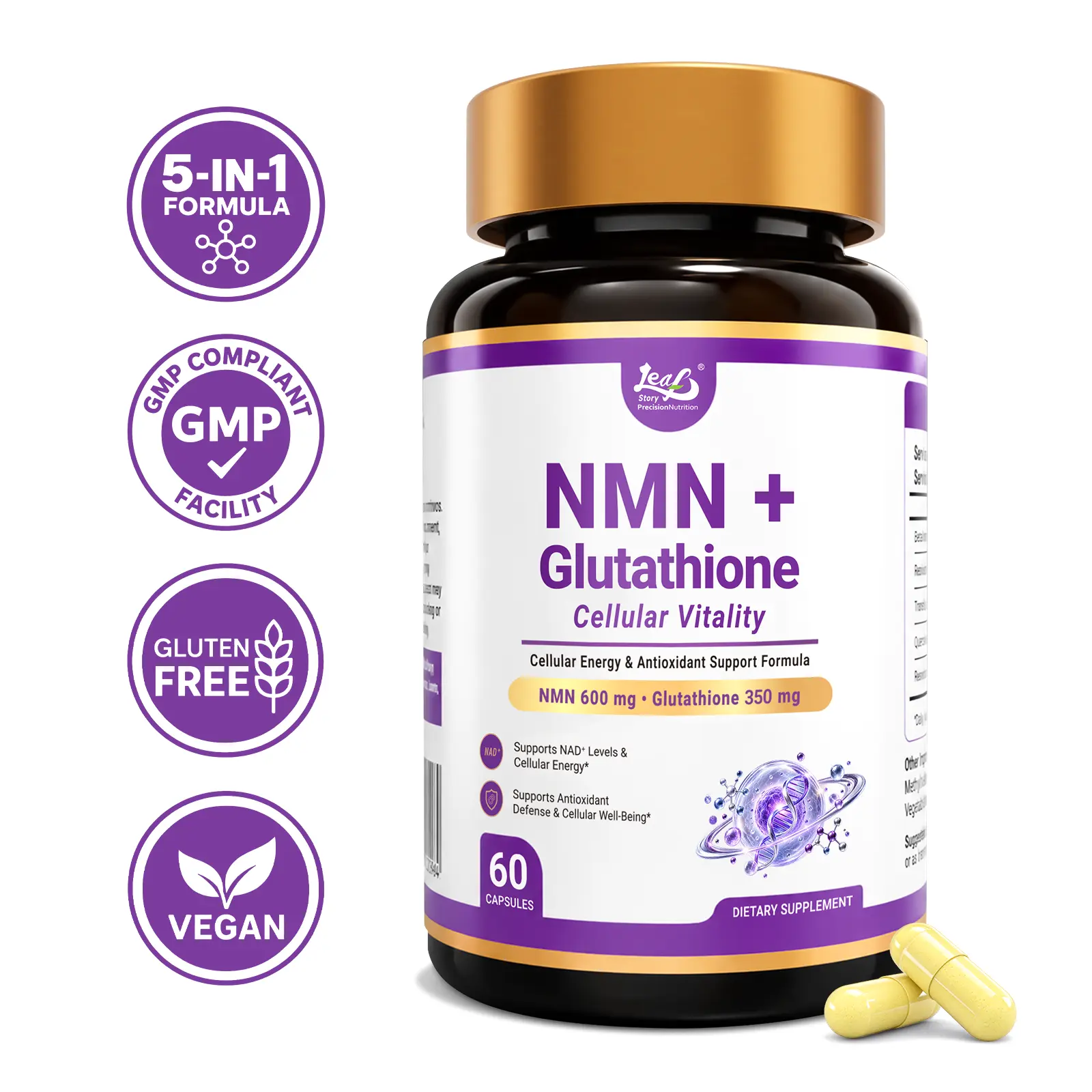 LeafStory NMN Cellular Vitality Supplement for Cellular Energy, NAD+ & Antioxidant Support with Glutathione, TMG, Quercetin & Resveratrol, 5-in-1 Healthy Aging Formula-G