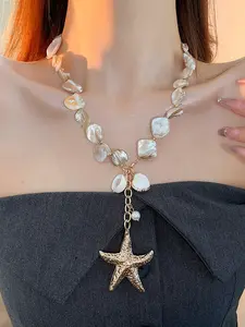 Shell Pearl Necklace with Starfish Design, Unique Shell Bead Jewelry for Women, Elegant Accessory for Special Occasions