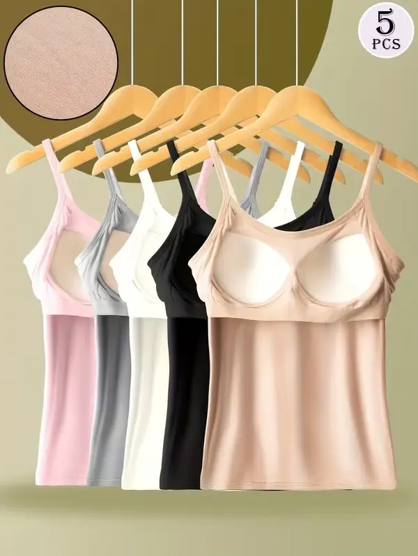 5-Piece Women's Built-in Bra Padded Camisole Tank Tops - Seamless Longline Tops, Soft Stretch Fabric, Solid Colors Pink/White/Gray/Black/Beige, Suitable for Layering and Daily Wear, Versatile Strapless Vest, Smooth Texture Basic Style