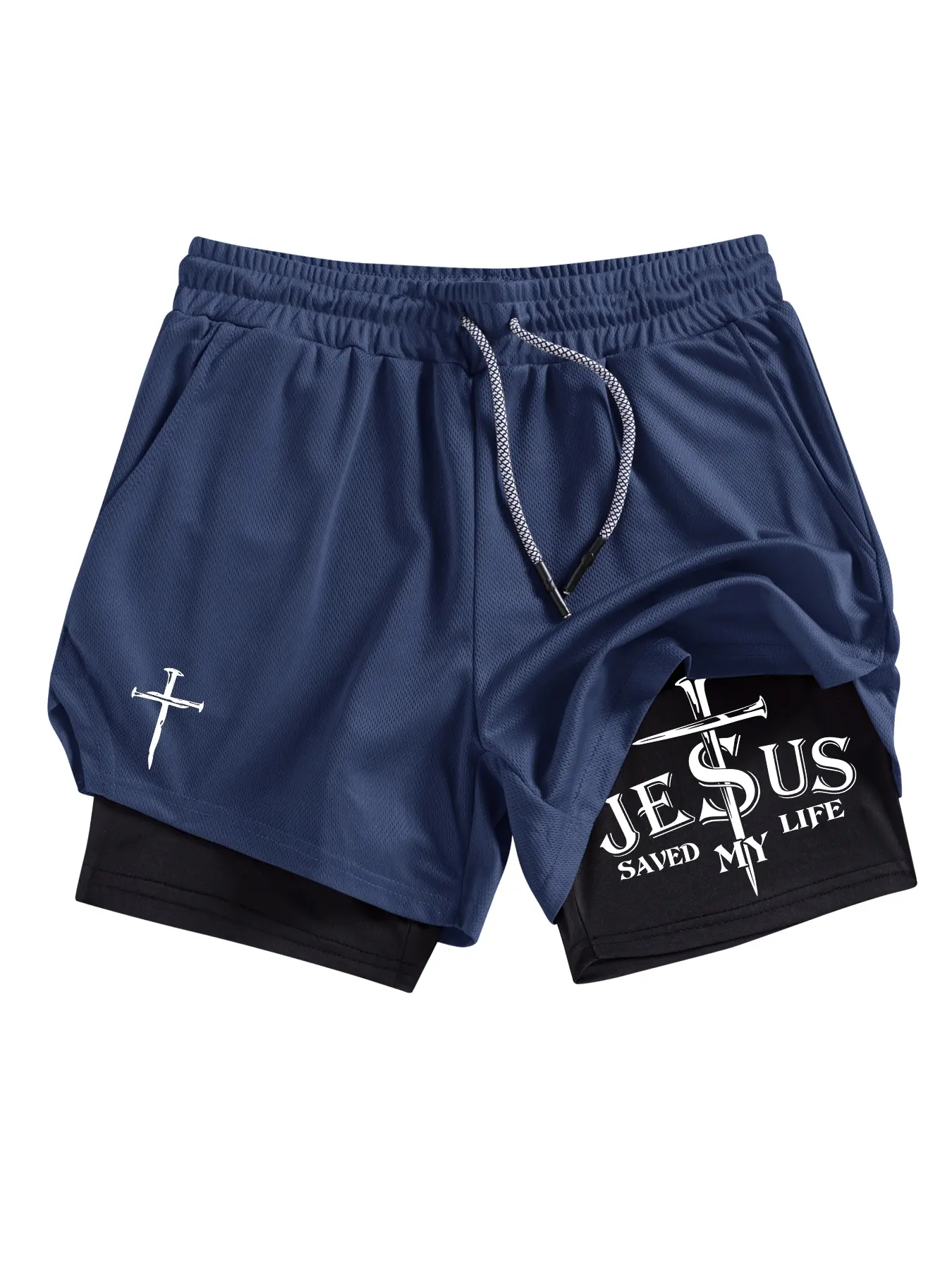 Men's Dual Layer Shorts with Nail Cross Print, Summer Quick-Dry Sporty Fitted Shorts with Multi-Pockets for Gym and Running, Soccer Shorts, Athletic Workout Shorts, Layered Structure, Breathable Stretchy Shorts, Athletic Running Shorts