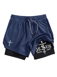 Men's Dual Layer Shorts with Nail Cross Print, Summer Quick-Dry Sporty Fitted Shorts with Multi-Pockets for Gym and Running, Soccer Shorts