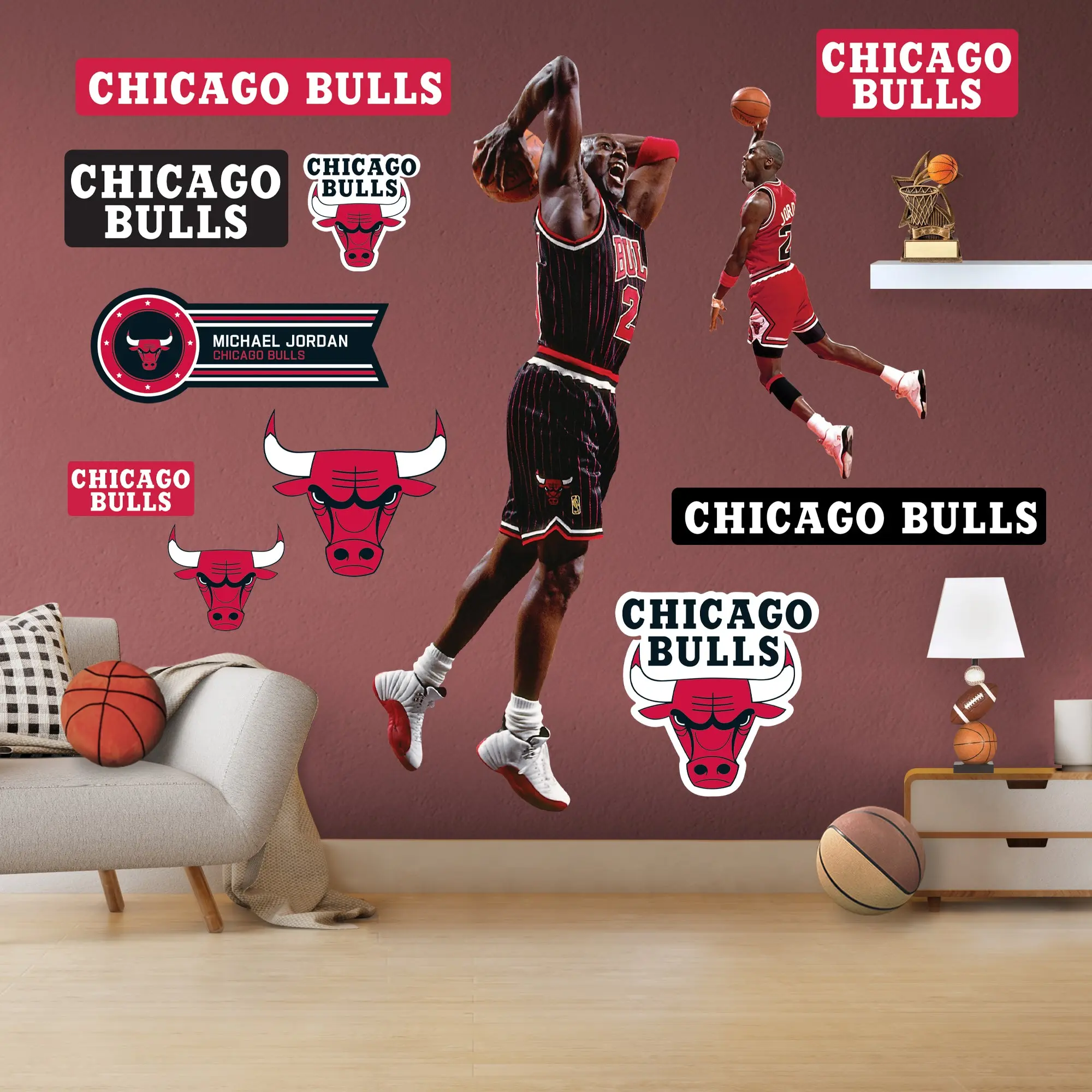 Michael Jordan RealBig Dunk Collection Official NBA Chicago Bulls Reusable Vinyl Decorative Wall Stickers, Character Graphic Banner Decal for Home Decor