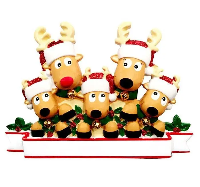 Personalized reindeer family of 5 with bells christmas tree ornament