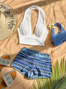 Bohemian Romantic Floral Matching Vacation Set, Colorful Striped Halter Top, Perfect for Walking and Dating, 2 Piece Set