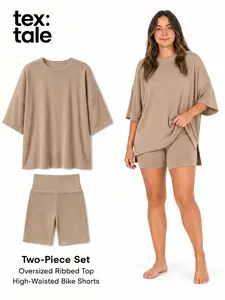 TexTale Women’s Cooling Ribbed Lounge Set Crewneck Drop Shoulder 2 Piece Outfit